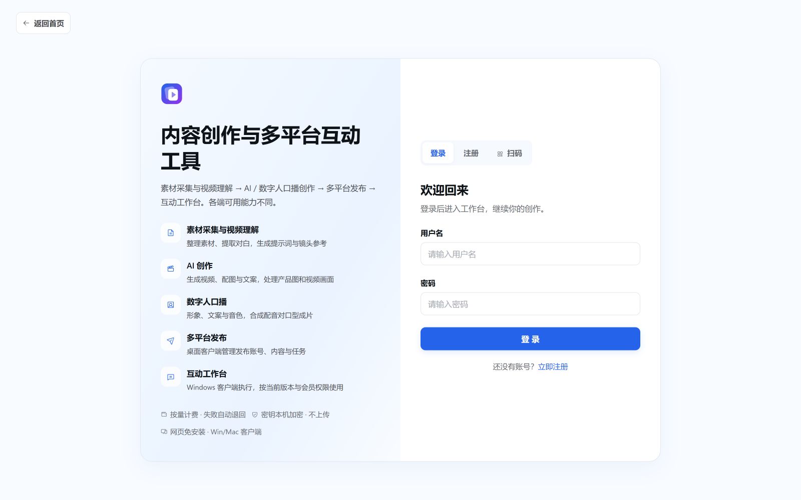 当前深色登录页：左侧介绍内容创作流程，右侧为登录、注册和扫码入口